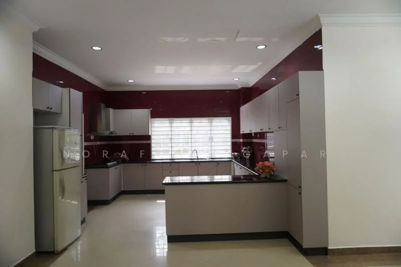 Kitchen features: white cabinetry, black granite countertop, stainless-steel fridge, built-in oven, 4-burner gas hob, stainless-steel range hood, double-bowl stainless-steel sink, wall-mounted cabinets, tile backsplash in burgundy, recessed LED downlights, cream tiled flooring, window with white blinds; style: modern.