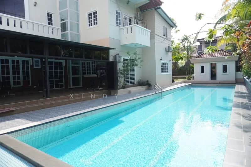 Exterior type: detached bungalow; features: swimming pool, pool deck with loungers, manicured lawn, tropical landscaping, multiple windows, balcony on upper floor, outdoor dining area, garden area, single-storey, white painted facade, sliding glass doors; style: modern.