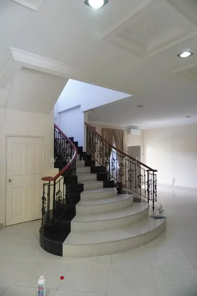 Room features: spiral staircase with wrought iron railing, white painted walls, cream tiled flooring, tray ceiling with recessed lighting, skylight above staircase, curtains on windows, wall-mounted air conditioning unit, decorative molding on ceiling; style: modern.