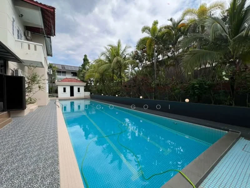 Exterior type: detached bungalow; features: swimming pool, pool deck with loungers, landscaped garden with tropical plants, manicured lawn, outdoor lighting, covered patio area, fenced perimeter, roofed gazebo; style: modern.