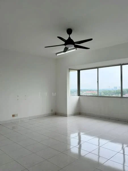 Room features: white painted walls, glossy white tile flooring, 5-blade ceiling fan with light, floor-to-ceiling windows, city view, natural light from windows, no visible furniture, neutral color scheme; style: minimalist; view: city.