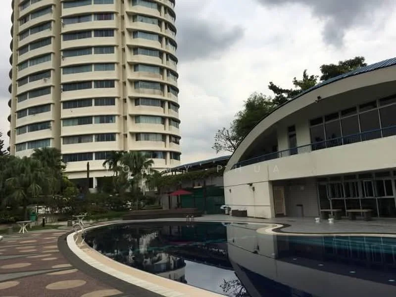 Exterior type: high-rise condominium; features: curved building facade, glass windows, swimming pool with reflective surface, pool deck with loungers, landscaped garden with palm trees, covered outdoor seating area, manicured lawn, surrounding greenery, multi-storey building, outdoor dining pavilion; style: modern.