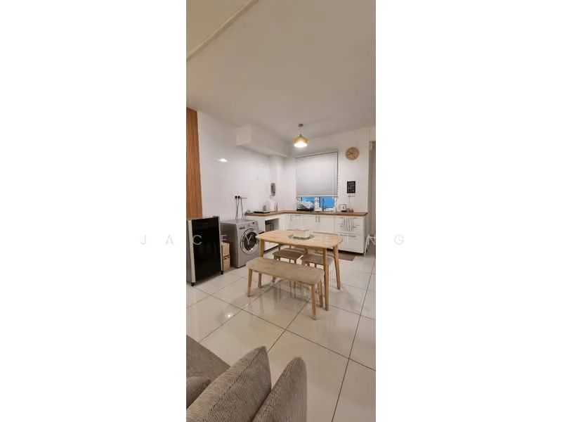 Kitchen features: white painted walls, glossy tile flooring, kitchen cabinets with flat-panel design, stainless-steel fridge, built-in washing machine, wooden dining table, bench seating, window with blinds, recessed downlights; style: modern.