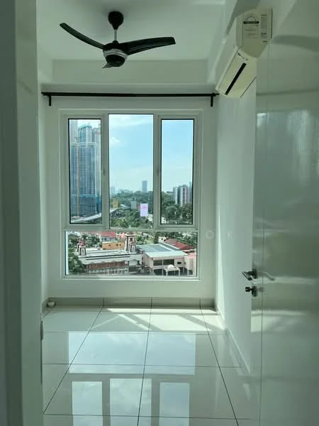 Room features: white painted walls, glossy white tile flooring, floor-to-ceiling windows, city view, 1 wall-mounted split AC, ceiling fan, roller blinds, door with handle; style: modern; view: city.