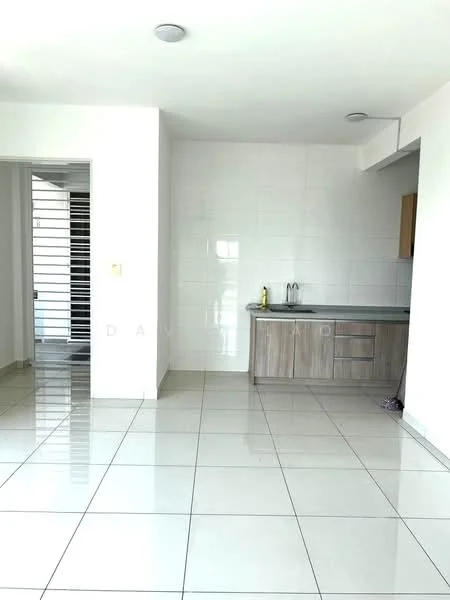 Kitchen features: white tiled walls, glossy white tile flooring, wood cabinetry, stainless-steel sink, single-bowl stainless-steel sink, chrome pull-down faucet, countertop with space for appliances, open layout, natural light from window, neutral color scheme; style: modern. Room features: white painted walls, open space layout, large windows, neutral color scheme.
