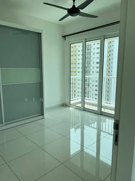 Room features: white painted walls, glossy ceramic tile flooring, sliding glass door, floor-to-ceiling windows, ceiling fan, built-in wardrobe with sliding doors, natural light from windows, balcony access; style: modern; view: city.