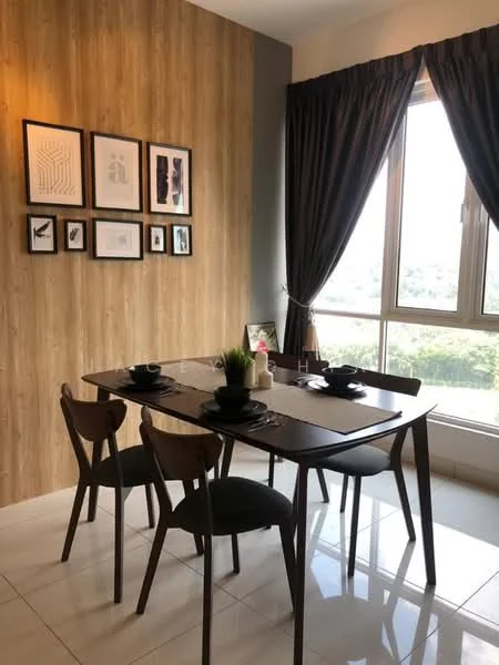 Dining features: wooden dining table, 4 dining chairs, black tableware, framed artwork on wall, wood panel accent wall, floor-to-ceiling window, curtains, white tiled flooring; style: modern; view: city.
