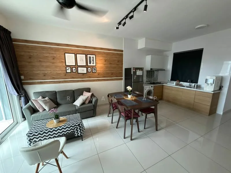 Living features: 3-seater fabric sofa in grey, coffee table with chevron pattern, 2 wooden dining chairs, 4-seater dining table, white walls, wood accent wall, recessed downlights, floor-to-ceiling windows, curtains in dark fabric, kitchenette with wooden cabinetry, stainless-steel fridge, built-in oven, washing machine, ceramic tile flooring; style: modern; view: city.