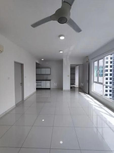 Living features: white painted walls, glossy white tile flooring, 5-blade ceiling fan with light, recessed downlights, floor-to-ceiling windows, sliding glass door, open layout, kitchen area visible in background; style: modern; view: city.