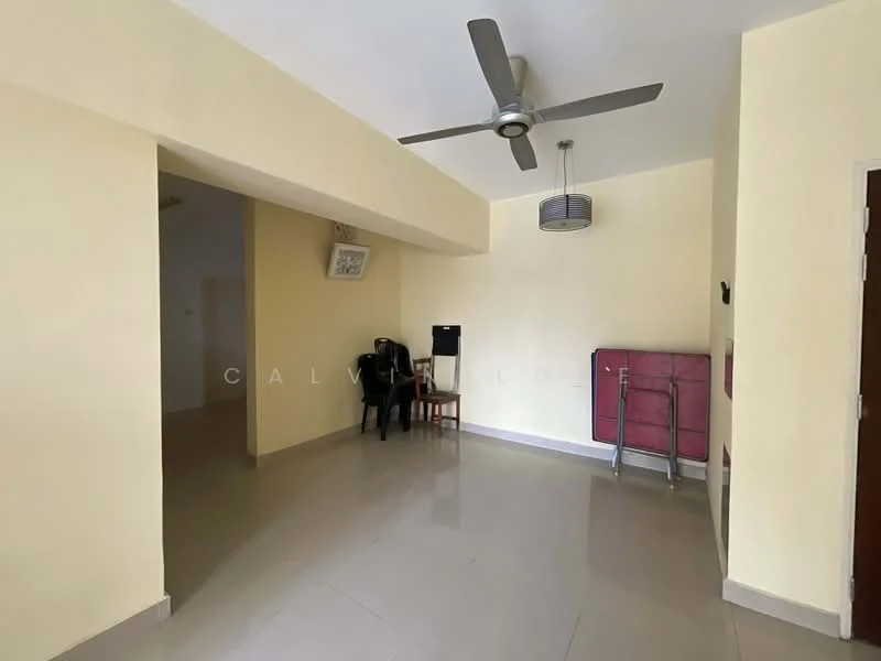Room features: cream painted walls, glossy tile flooring, 5-blade ceiling fan, wall-mounted light fixture, two chairs, folding table, refrigerator, open space layout; style: modern.