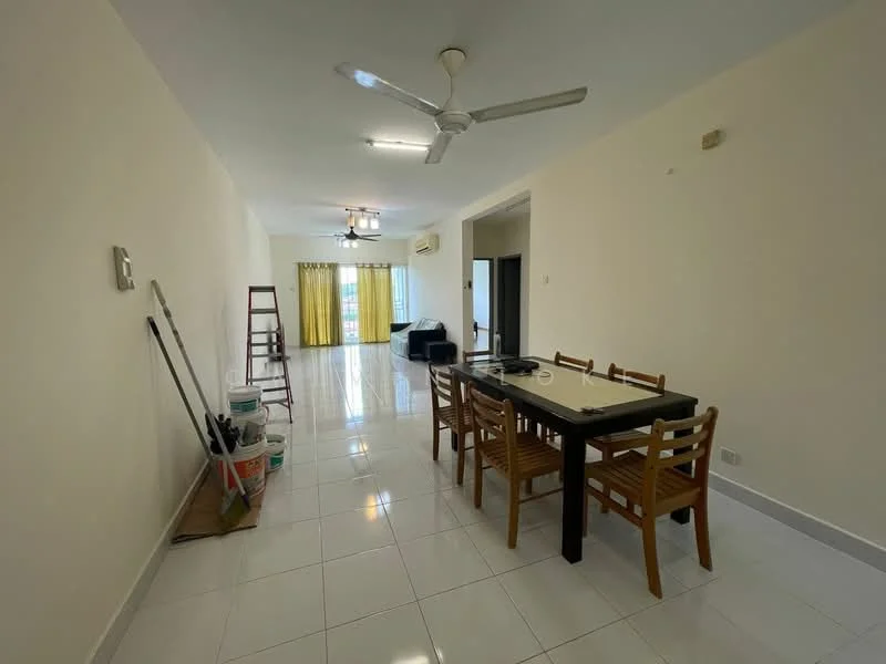 Dining features: dining table with 6 wooden chairs, white tiled flooring, ceiling fan, large window with sheer curtains, light-colored walls, recessed lighting, open layout to living area, painted walls, decorative wall feature, ladder against the wall, clean and minimal decor; style: modern. Living features: sofa in dark color, large window with sheer curtains, white tiled flooring, light-colored walls, recessed lighting, open layout to dining area, air conditioning unit, decorative wall feature; style: modern.
