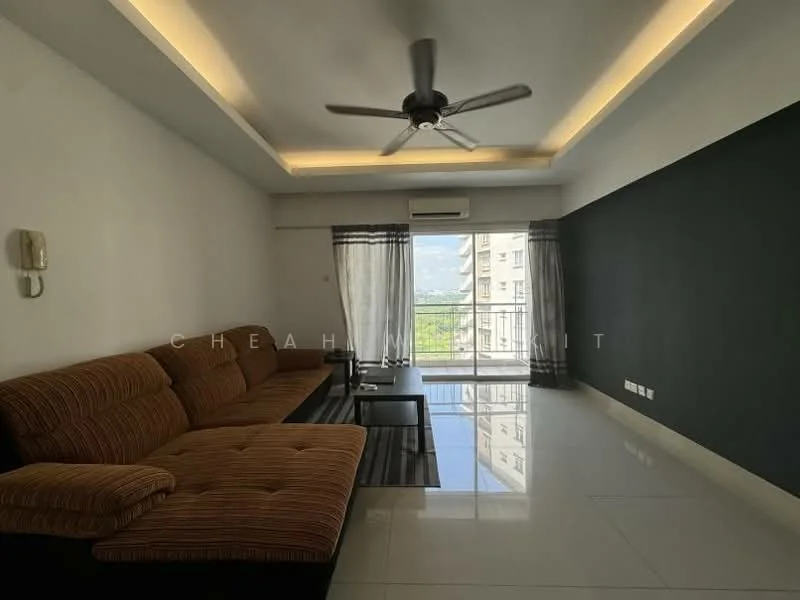 Living features: 3-seater fabric sofa in brown, black coffee table, floor-to-ceiling windows, white painted walls, grey accent wall, recessed downlights, 5-blade ceiling fan, sliding glass door, curtains, polished ceramic tile flooring, air conditioning unit; style: modern; view: city.