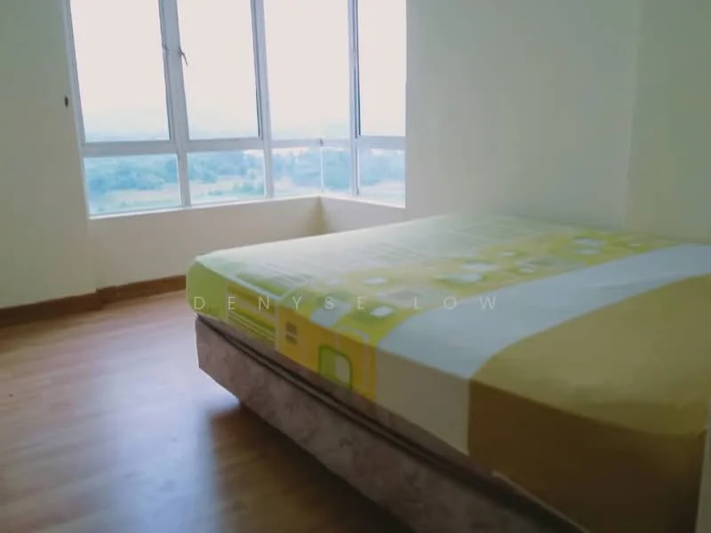 Bedroom features: queen-size bed with patterned bedding, large windows with city view, light yellow painted walls, laminate flooring, wooden baseboard, natural light from windows; style: modern; view: city.