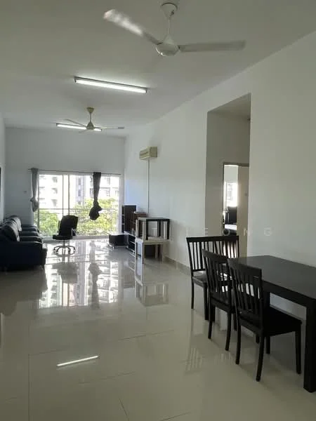 Living features: white painted walls, glossy tile flooring, 5-blade ceiling fan, 2-seater fabric sofa in navy blue, 3-seater fabric sofa in grey, dining table for 4 with black chairs, floor-to-ceiling windows, sheer curtains, air conditioning unit, decorative mirror; style: modern; view: garden.