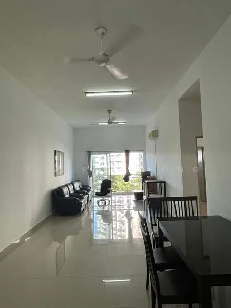 Living features: white painted walls, polished ceramic tile flooring, 5-blade ceiling fan with light, recessed LED downlights, sofa in navy blue, coffee table, dining table with black chairs, floor-to-ceiling windows, sheer curtains, view of city skyline; style: modern; view: city.