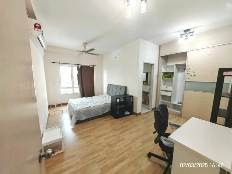 Bedroom features: wooden flooring, white painted walls, ceiling fan, window with city view, queen-size bed with grey upholstered headboard, desk with chair, built-in wardrobe, study desk, light fixture with multiple bulbs; style: modern; view: city.
