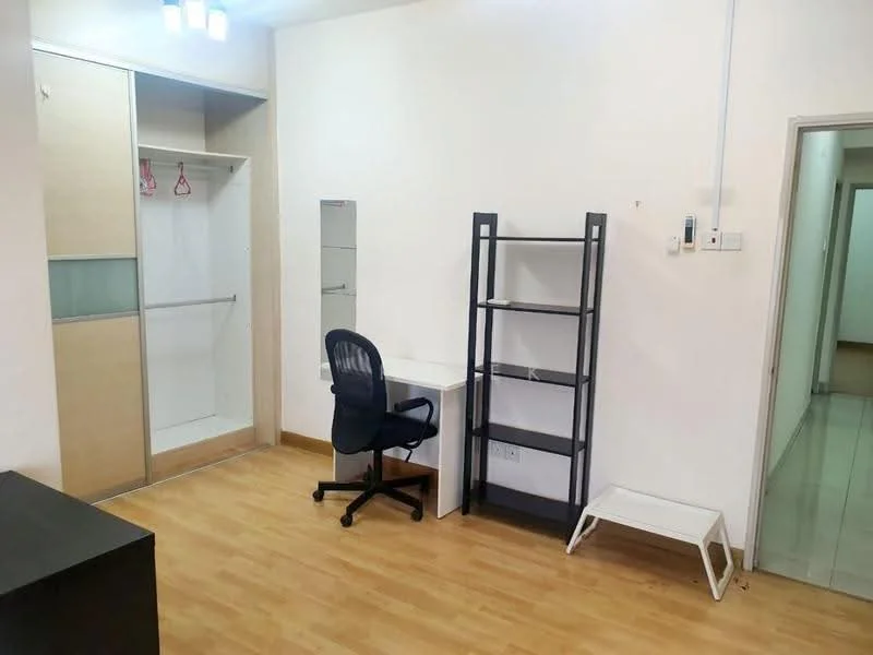 Room features: light wood laminate flooring, white painted walls, built-in wardrobe with sliding doors, mirror on wardrobe, desk with white surface, black office chair, black shelving unit, white step stool, ceiling light fixture; style: modern.