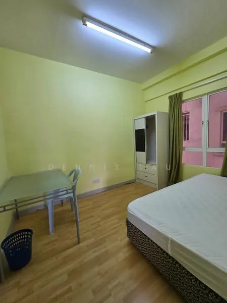 Bedroom features: yellow painted walls, laminate flooring, single bed, built-in wardrobe, study desk, plastic chair, window with curtains, ceiling light fixture.