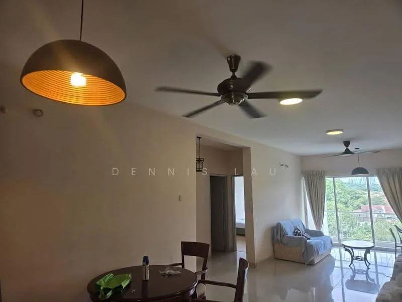Living features: 5-blade ceiling fan with integrated light, pendant lamp, recessed downlights, cream painted walls, glossy tile flooring, sofa, dining table with chairs, floor-to-ceiling windows with sheer curtains; style: modern; view: garden.