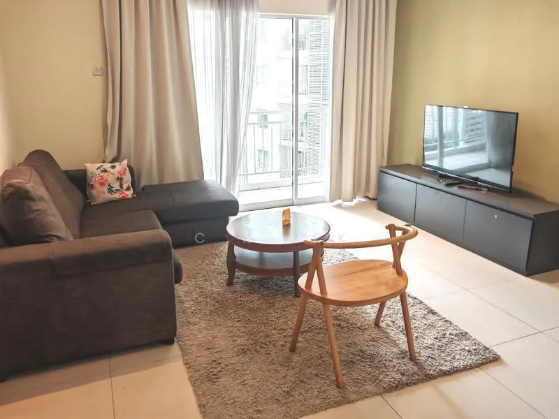Living features: 3-seater fabric sofa in brown, coffee table, TV console, wall-mounted TV, area rug with neutral color, floor-to-ceiling windows, sheer curtains, light-colored walls, tile flooring, decorative pillow on sofa, sliding glass door leading to balcony; style: modern.