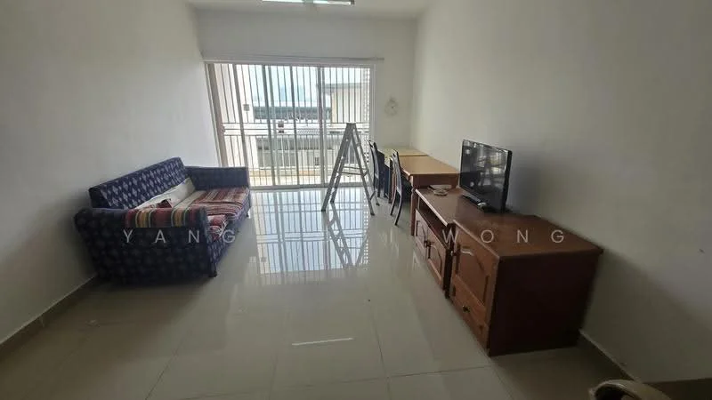 Living features: blue patterned fabric sofa, wooden dining table, wooden TV cabinet, flat-screen TV, large windows with vertical blinds, glossy tiled flooring, white painted walls, ceiling light fixture; style: modern; view: city.