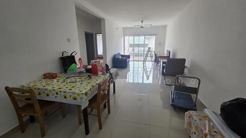 Living features: white painted walls, glossy tile flooring, 5-blade ceiling fan with light, floor-to-ceiling windows, sliding glass door, dining table with chairs, sofa in grey, TV console, area rug, decorative items on table; style: modern.