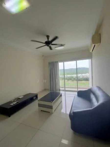 Living features: 3-seater leather sofa in blue, coffee table with white top, wall-mounted TV console, floor-to-ceiling windows, curtains, ceiling fan with light, wall-mounted split AC, glossy tile flooring, neutral painted walls, natural light from windows; style: modern; view: garden.