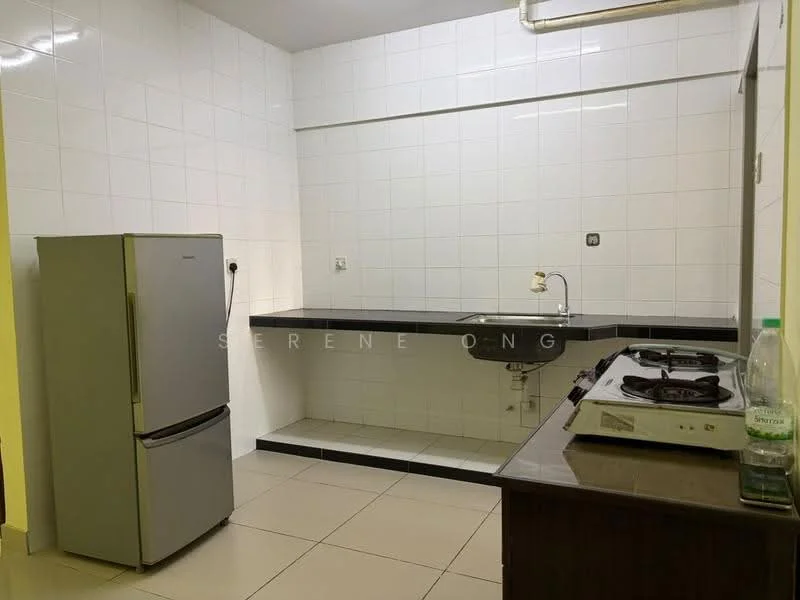 Kitchen features: white tiled walls, ceramic tile flooring, stainless-steel fridge, single-bowl stainless-steel sink, chrome pull-down faucet, 2-burner gas hob, wood cabinetry, countertop, wall-mounted pipe, water bottle on countertop.
