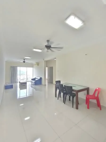 Living features: white painted walls, glossy tile flooring, 5-blade ceiling fan with light, large windows with sheer curtains, dining table with glass top, 4 black dining chairs, red plastic chair, sofa in blue fabric, area rug, recessed ceiling lights; style: modern; view: city.