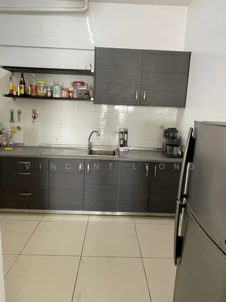 Kitchen features: dark wood cabinetry, stainless-steel sink, chrome pull-down faucet, ceramic tile backsplash, built-in countertop with space for appliances, freestanding stainless-steel fridge, microwave, open shelving, white tiled walls, grey tiled flooring; style: modern.