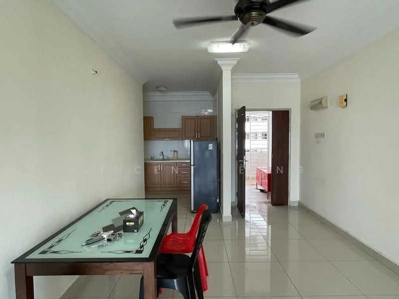 Living features: white painted walls, glossy ceramic tile flooring, 5-blade ceiling fan with light, dining table with glass top, black and red dining chairs, kitchen area visible in background, air conditioning unit on wall, door leading to hallway, natural light from window, neutral color scheme; style: modern.