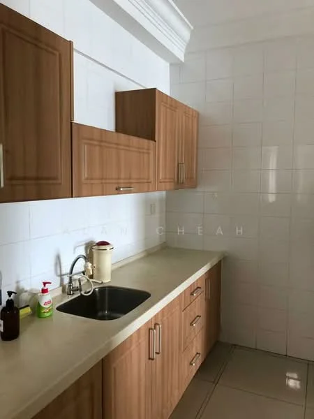 Kitchen features: laminate cabinetry in light wood finish, single-bowl stainless-steel sink, chrome pull-down faucet, cream countertop, white tiled backsplash, white tiled walls, ceramic tile flooring, built-in cabinets with handles; style: modern.