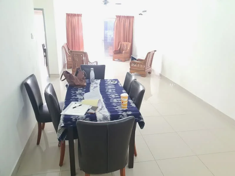 Dining features: 6-seater dining table, black leather dining chairs, white tablecloth, ceramic tile flooring, white painted walls, two ceiling fans, natural light from windows, curtains in light brown, decorative items on table; style: modern. Living features: two wooden armchairs, light brown curtains, ceramic tile flooring, white painted walls, natural light from windows; style: modern.