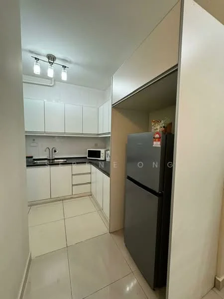Kitchen features: white cabinetry, black countertop, stainless-steel fridge, built-in microwave, ceramic tile flooring, recessed ceiling lights, single-bowl stainless-steel sink, chrome pull-down faucet, wall-mounted cabinets, open shelving, grey backsplash, kitchen island, appliance garage; style: modern.