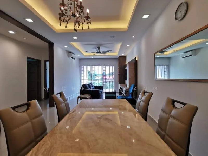 Dining features: 6-seater dining table with marble top, upholstered dining chairs in beige, chandelier with multiple bulbs, recessed LED downlights, white painted walls, tray ceiling with ambient lighting, floor-to-ceiling windows with horizontal blinds, air conditioning unit on wall, decorative mirror on wall, clock on wall, light-colored tiled flooring; style: modern; view: garden. Living features: sofa in dark color, coffee table, TV console, wall-mounted TV, air conditioning unit on wall; style: modern; view: garden.