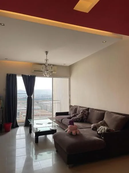 Living features: L-shape sectional sofa in grey, glass coffee table, chandelier, recessed downlights, floor-to-ceiling windows, curtains in dark blue, white painted walls, polished tile flooring, air conditioning unit; style: modern; view: city.