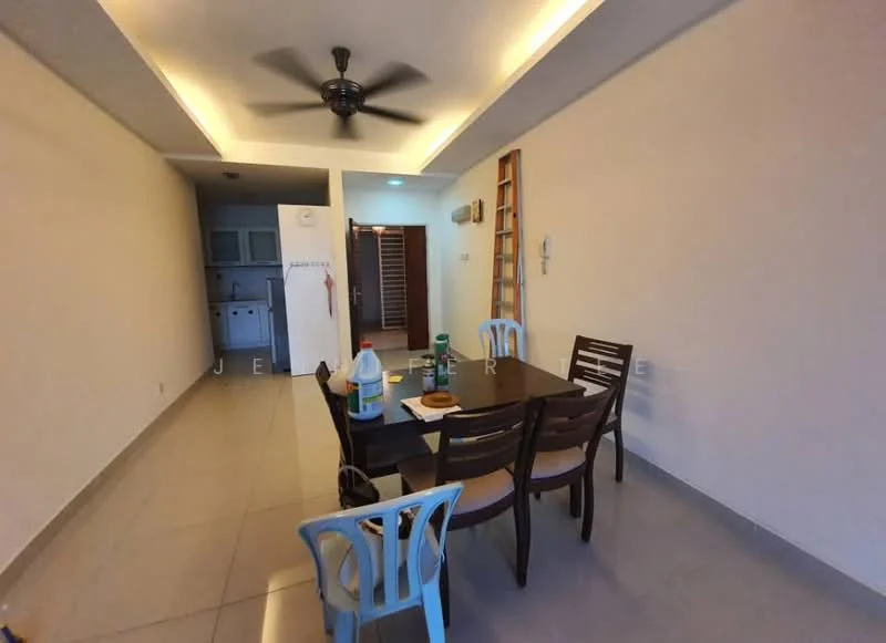 Dining features: 6-seater dining table, wooden dining chairs, ceiling fan with light, recessed lighting, white painted walls, grey tiled flooring, open layout to kitchen, wall-mounted intercom, decorative wall shelf; style: modern. Room features: kitchen area visible, white cabinetry, appliances visible.
