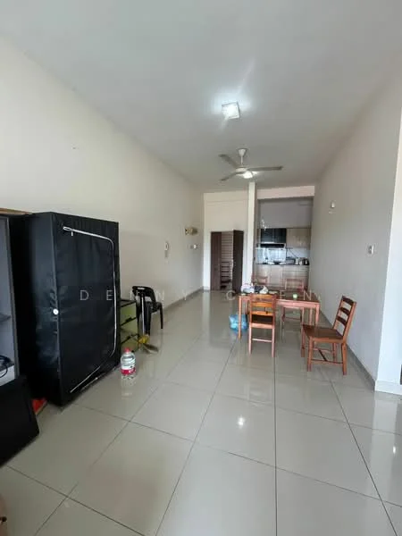 Room features: white painted walls, glossy ceramic tile flooring, ceiling light, 5-blade ceiling fan, dining table with four chairs, black wardrobe, black plastic chair, kitchen area visible in background; style: modern.