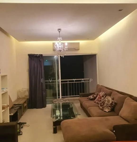 Living features: 3-seater fabric sofa in brown, decorative cushions, glass coffee table, chandelier, recessed LED downlights, floor-to-ceiling sliding glass door, curtains in dark fabric, wall-mounted air conditioning unit, light-colored walls, tile flooring; style: modern; view: city.