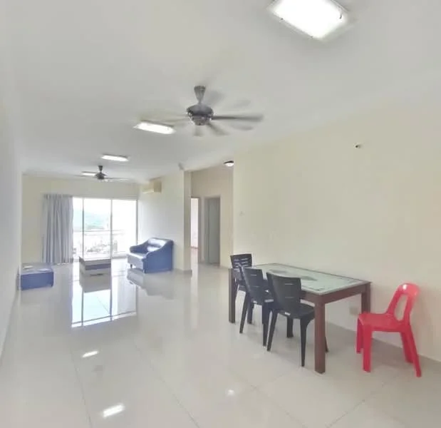 Living features: white painted walls, glossy tile flooring, 5-blade ceiling fan with light, floor-to-ceiling windows, sliding glass door, curtains, sofa in blue, dining table with glass top, 4 black dining chairs, 1 red plastic chair, air conditioning unit; style: modern; view: city.