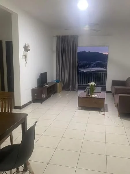 Living features: white painted walls, tile flooring, 5-blade ceiling fan with light, sofa in brown fabric, coffee table, TV console, wall-mounted TV, curtains in grey, floor-to-ceiling window, view of hills, dining table with 4 chairs, decorative vase with flowers; style: modern; view: mountain.