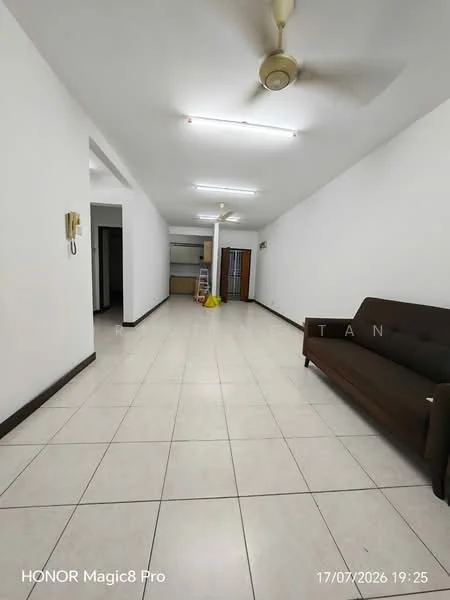 Living features: white painted walls, tile flooring, ceiling fan, recessed lighting, 3-seater brown fabric sofa, open layout, large windows, neutral color scheme; style: modern. Room features: white painted walls, tile flooring, ceiling fan, recessed lighting, open layout.