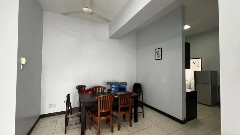 Dining features: dining table with 6 chairs, ceiling fan, light-colored painted walls, tiled flooring, framed artwork on wall, black dining chair, wooden dining chairs, open layout to kitchen; style: modern. Kitchen features: stainless-steel fridge, dark cabinetry, countertop, open layout to dining area; style: modern.