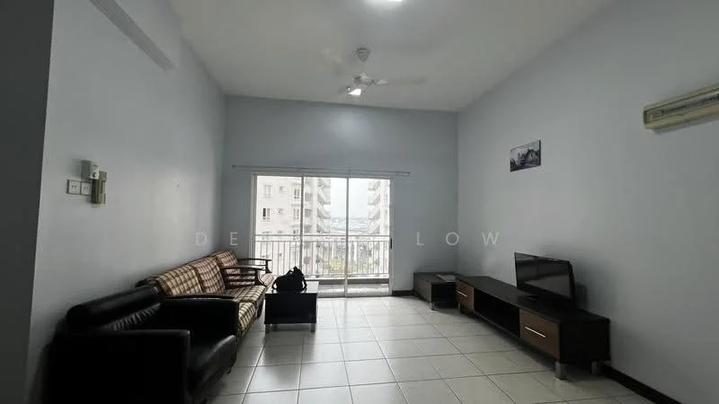 Living features: light grey painted walls, white ceiling, 5-blade ceiling fan with light, floor-to-ceiling sliding glass door, black TV console, wall-mounted TV, 2-seater black leather sofa, 3-seater fabric sofa with checkered pattern, ceramic tile flooring, window with sheer curtains, decorative wall art; style: modern; view: city.