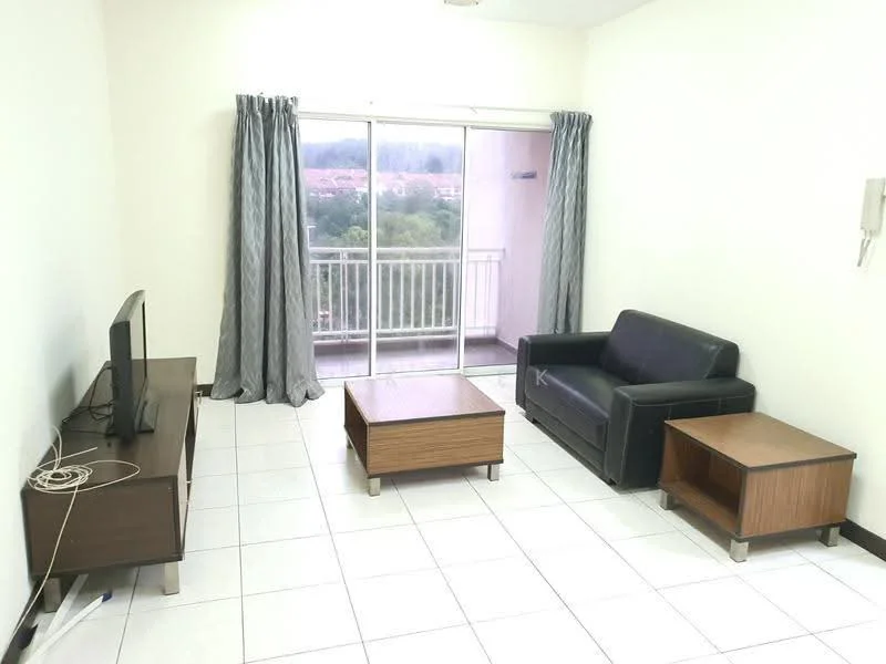 Living features: white painted walls, ceramic tile flooring, sliding glass door, floor-to-ceiling windows, grey curtains, black leather sofa, wood coffee table, wood TV console, wall-mounted TV, telephone intercom.