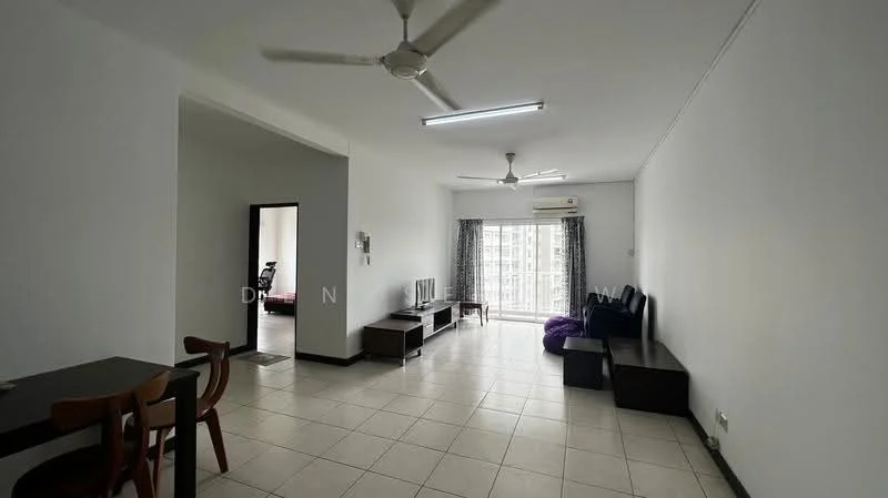 Living features: white painted walls, tile flooring, 2 ceiling fans, sliding glass door, floor-to-ceiling windows, natural light, sofa, TV console, coffee table, dining table with chairs; style: modern; view: city.