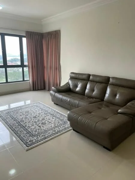 Living features: 3-seater leather sofa in grey, L-shape sectional sofa, area rug with floral pattern, floor-to-ceiling windows, curtains in light pink, glossy tile flooring, neutral painted walls, decorative wall with no visible artwork; style: modern; view: city.