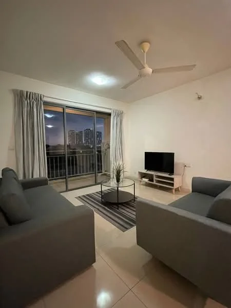 Living features: 2 grey fabric sofas, glass coffee table, area rug with striped pattern, wall-mounted TV, TV console in white, floor-to-ceiling sliding glass door, curtains in light fabric, ceiling fan with light, cream painted walls, glossy tile flooring, indoor plant in ceramic pot; style: modern; view: city.