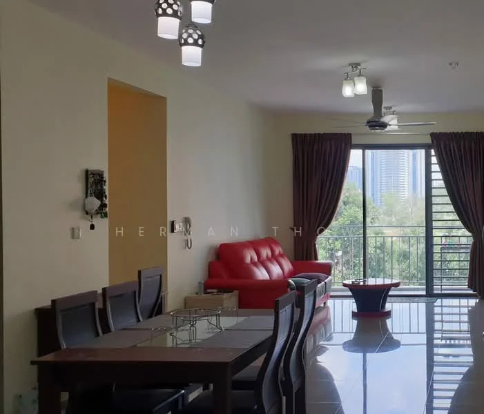 Living features: red leather sofa, glass coffee table, dining table with black chairs, floor-to-ceiling windows, curtains, ceiling fan, recessed downlights, polished tile flooring, wall-mounted decor, balcony access; style: modern; view: city.