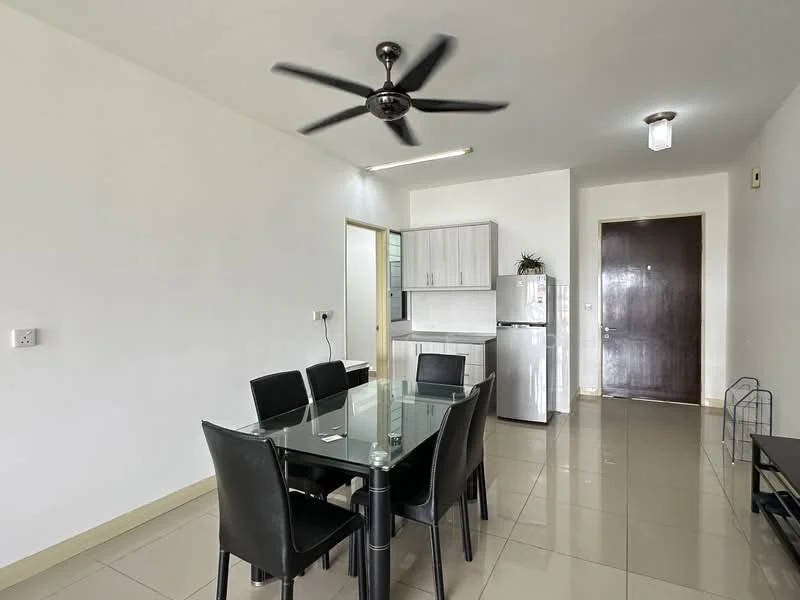 Dining features: glass dining table, 6 black upholstered dining chairs, ceiling fan with light, white painted walls, tile flooring, refrigerator, kitchen cabinetry, door to hallway; style: modern.